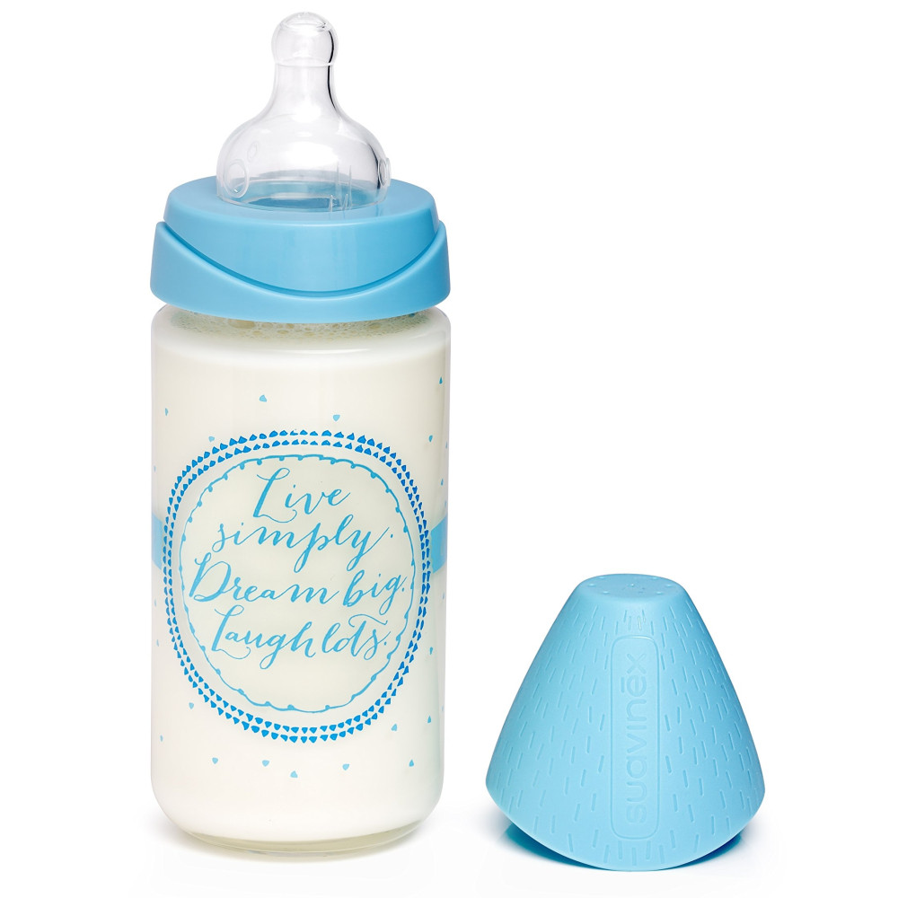 Пляшечка скляна Suavinex Dear child Сенс життя 3-позиційна соска, 240 мл, блакитна (303486)