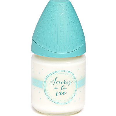Бутылочка стеклянная Suavinex Dear child Смысл жизни 3-позиционная соска, 120 мл, зеленая (303468) 