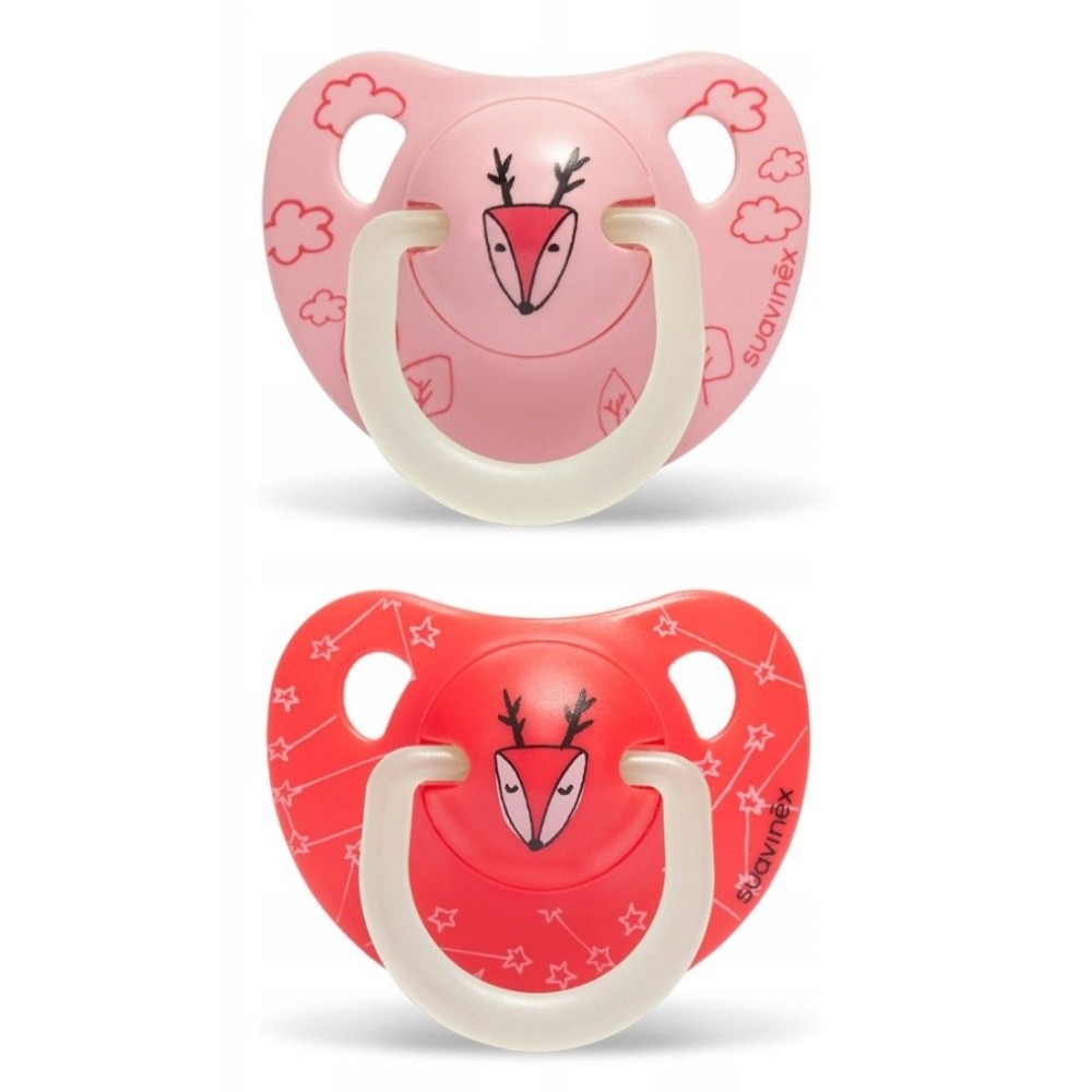 Пустышка силиконовая Suavinex Олененок, 6-18 месяцев, ночная, розовый, 2 шт. (304522)