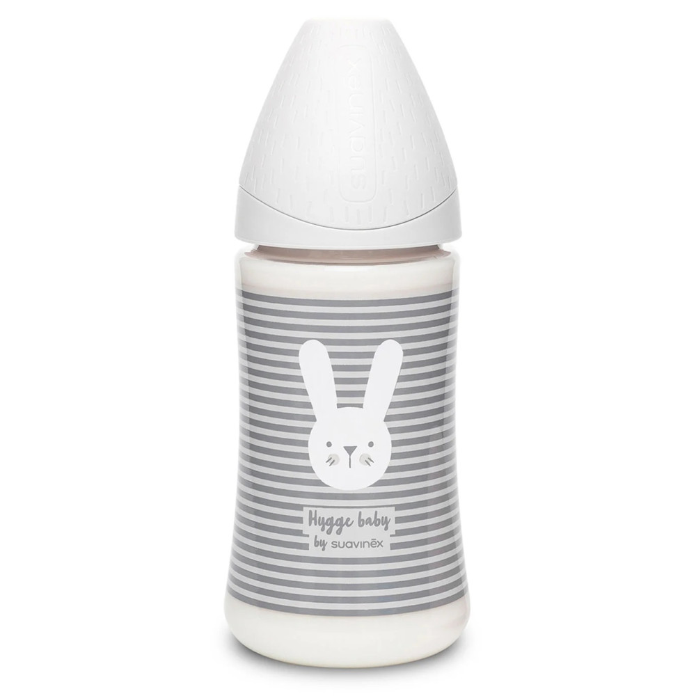 Бутылочка Suavinex Hygge Уютные истории круглая 3-х позиционная соска, 270 серый зайчик (306684)