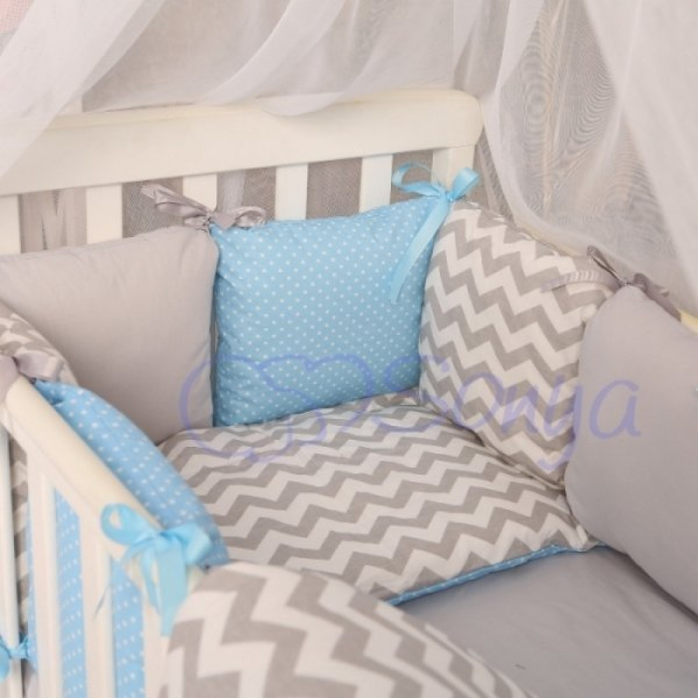 Постільний комплект Маленька Соня Baby Design зиґзаґ сіро-блакитний 7 предметів