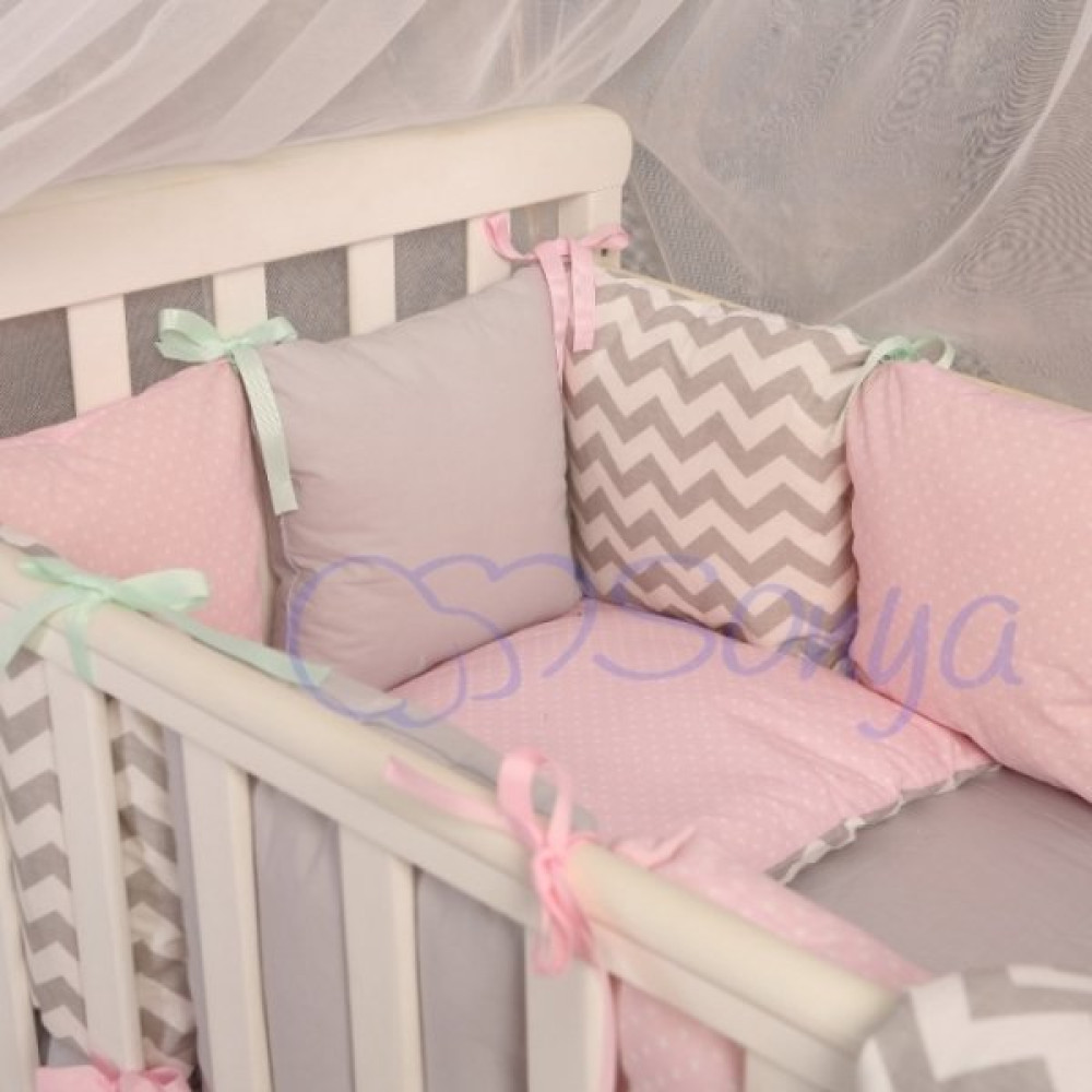 Постільний комплект Маленька Соня Baby Design зиґзаґ сіро-рожевий 7 предметів