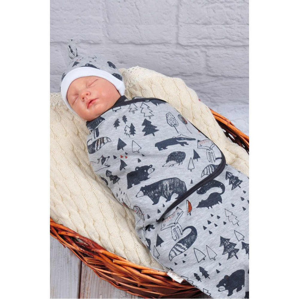 Пелюшка кокон на липучках + шапочка MagBaby Ліс, сірий меланж (0-3 міс.)