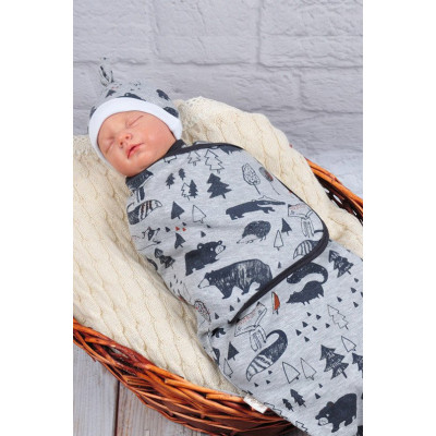 Пеленка кокон на липучках + шапочка MagBaby Лес, серый меланж (0-3 мес.)