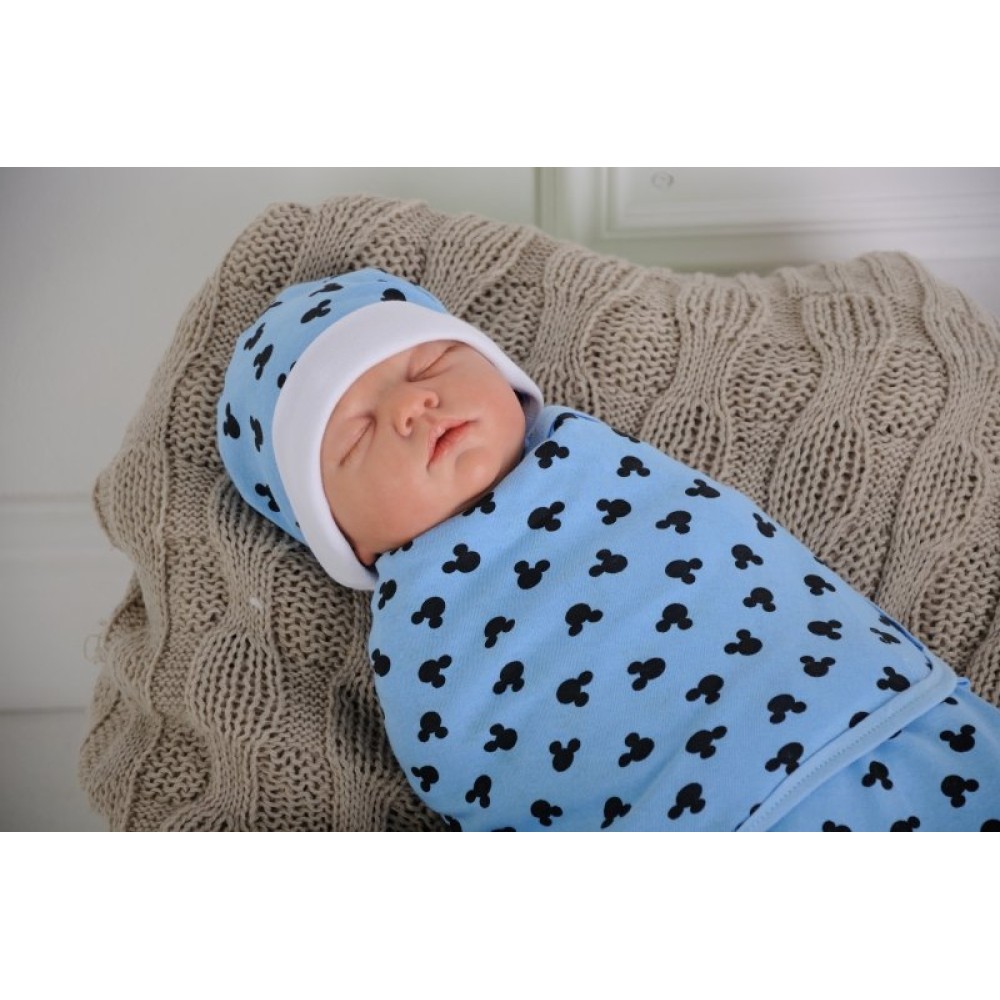 Пеленка кокон на липучках + шапочка MagBaby Микки Маус, голубой (3-6 мес.)