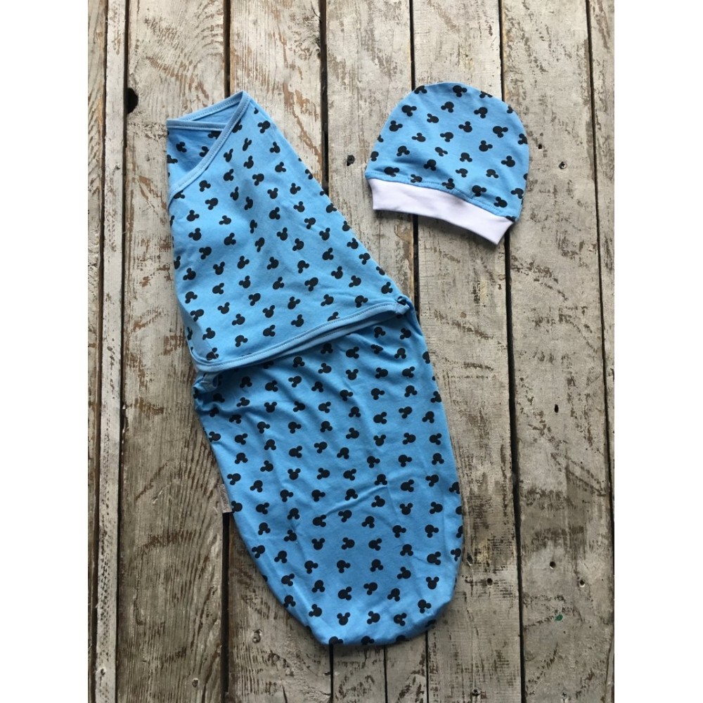 Пеленка кокон на липучках + шапочка MagBaby Микки Маус, голубой (3-6 мес.)