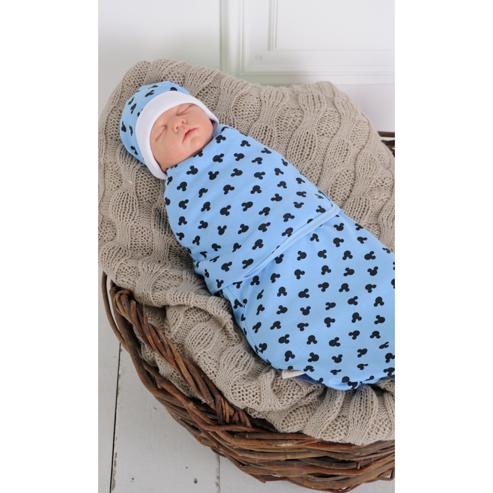 Пеленка кокон на липучках + шапочка MagBaby Микки Маус, голубой (3-6 мес.)