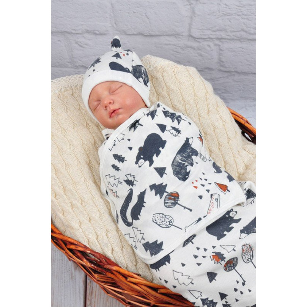 Пелюшка кокон на липучках + шапочка MagBaby Ліс, молоко (3-6 міс.)