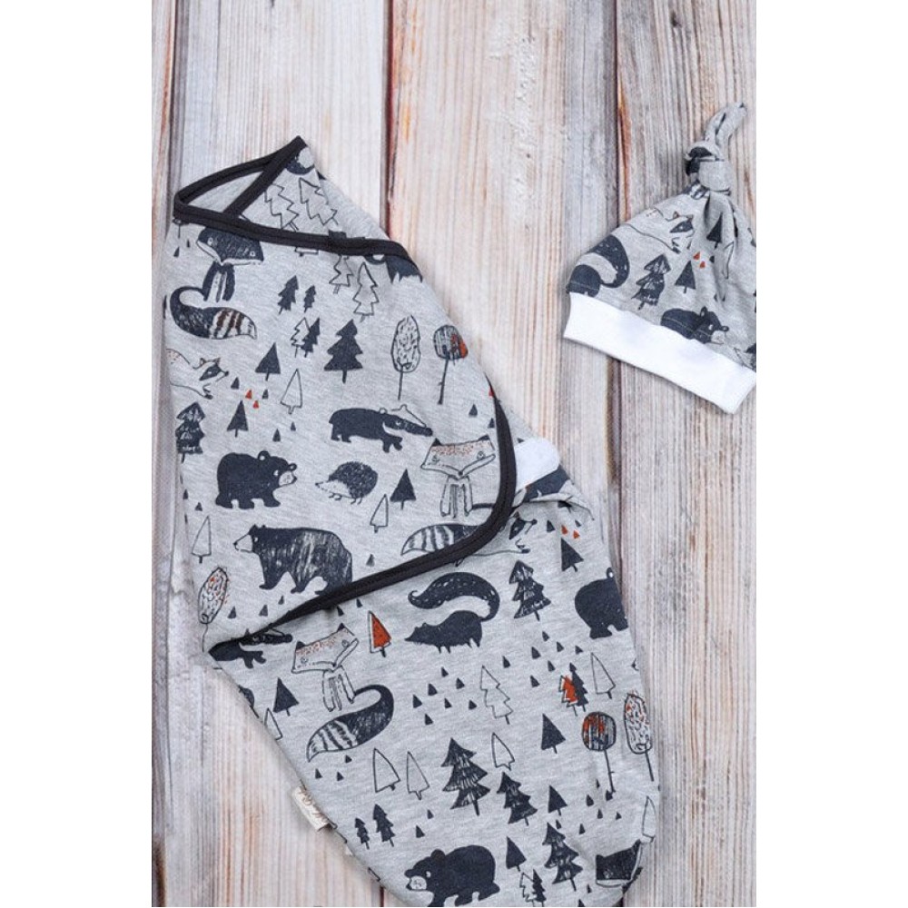 Пеленка кокон на липучках + шапочка MagBaby Лес, серый меланж (3-6 мес.)