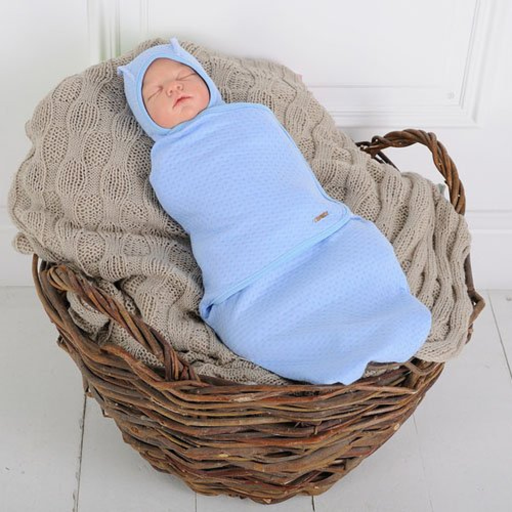 Пеленка кокон на липучках MagBaby Капитоне + шапочка MagBaby голубая (0-3 мес.)