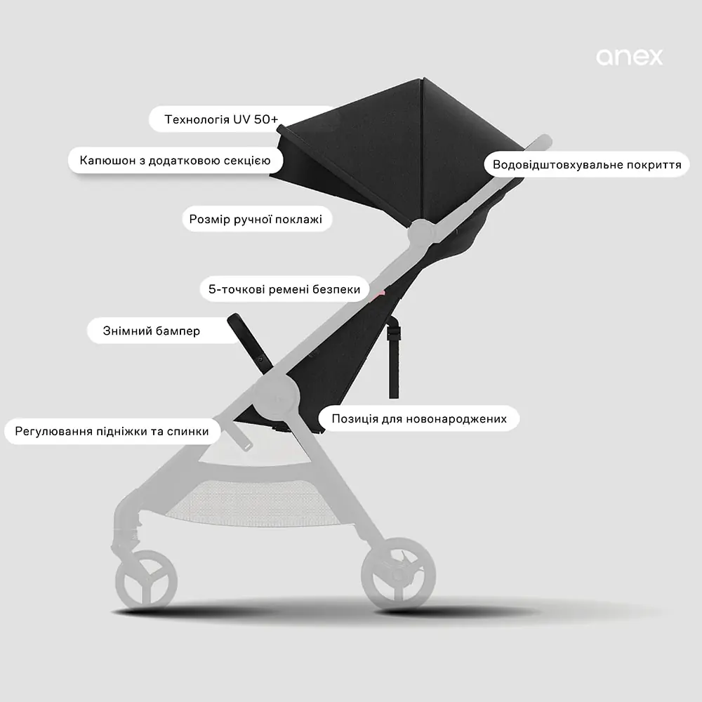 Баггі Anex iQ: капюшон з додатковою секцією, 5-точкові ремені, регулювання підніжки