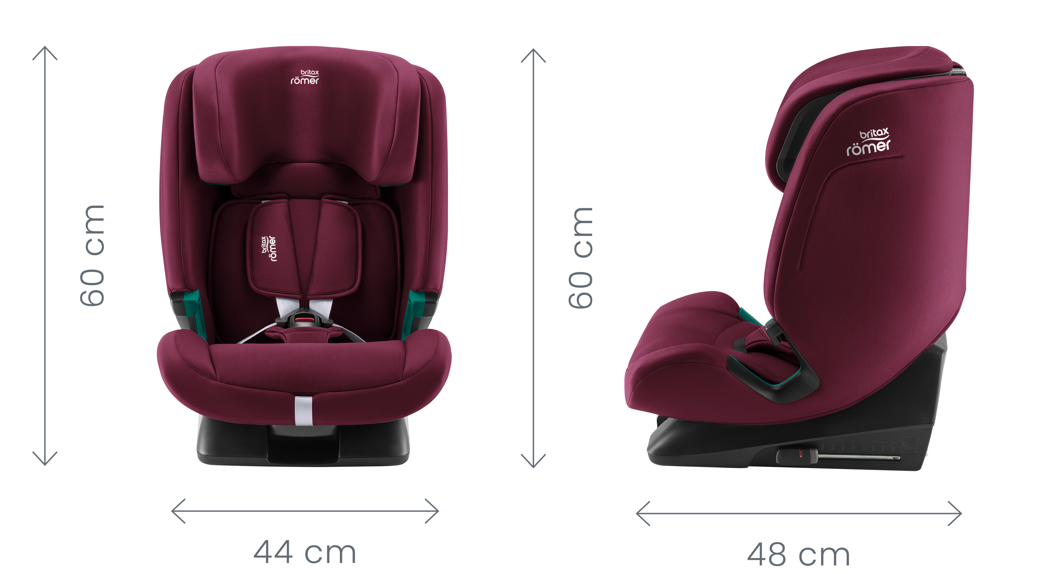 Размеры автокресла Britax Romer Evolvafix: высота 60 см, ширина 44 см, глубина 48 см