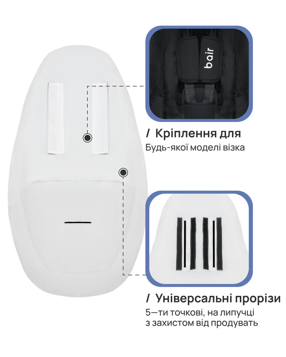 Крепление и прорези для ремней, Bair Cocon mini - зимний конверт (0-12 мес, до -25 °C) • Owl Grey (681753)