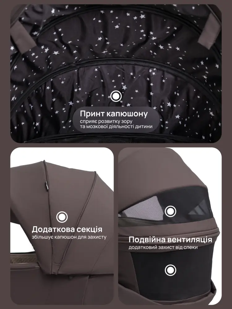Капюшон і вентиляція, Bair Pixel Chrome Eco - дитяча коляска 2в1, всесезонний візочок, термолюлька з піоцелану, подвійна вентиляція, зростаюча спинка у прогулянці • PC-06 Velvet Chocolate