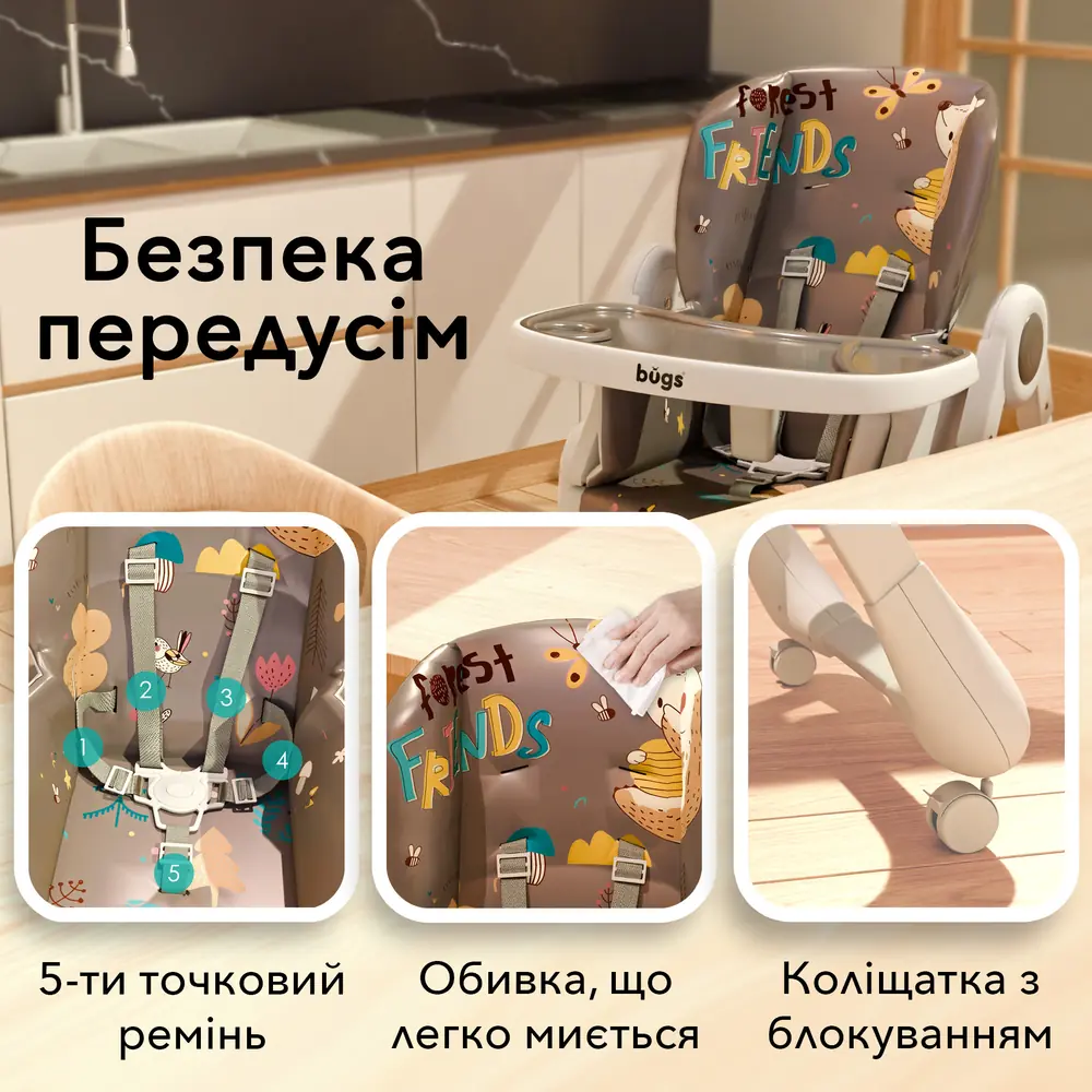 Безопасность стульчика для кормления Bugs Mango: пятиточечный ремень, обивка, которая легко моется, колесики с фиксаторами