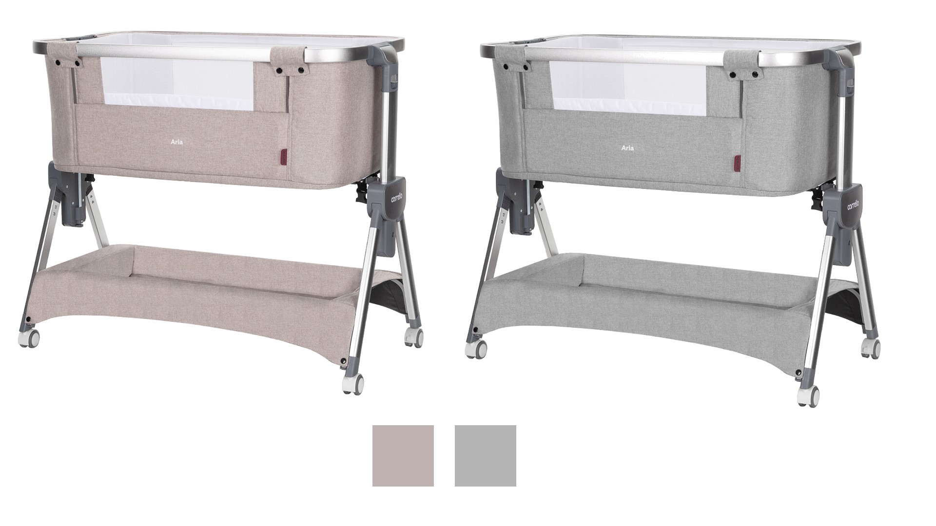Цвета приставной кроватки Carrello Aria 2 в 1: Cream Beige и Silver Grey