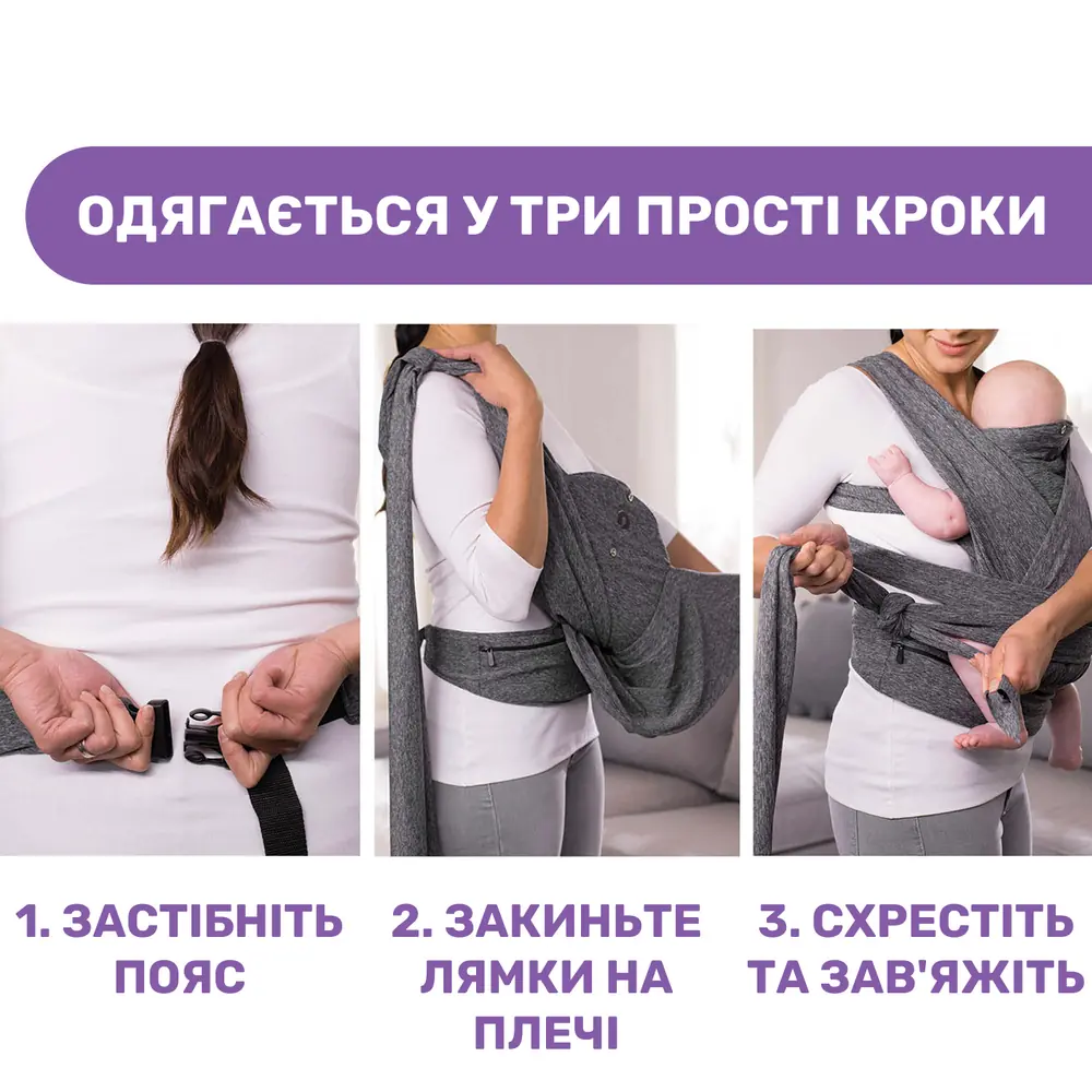 Три шага, чтобы надеть слинг Chicco Boppy ComfyFit Evolution: застегнуть пояс, закинуть лямки на плечи, скрестить и завязать