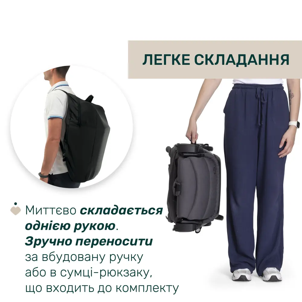 Складання Chicco We 2 однією рукою та сумка-рюкзак для перенесення