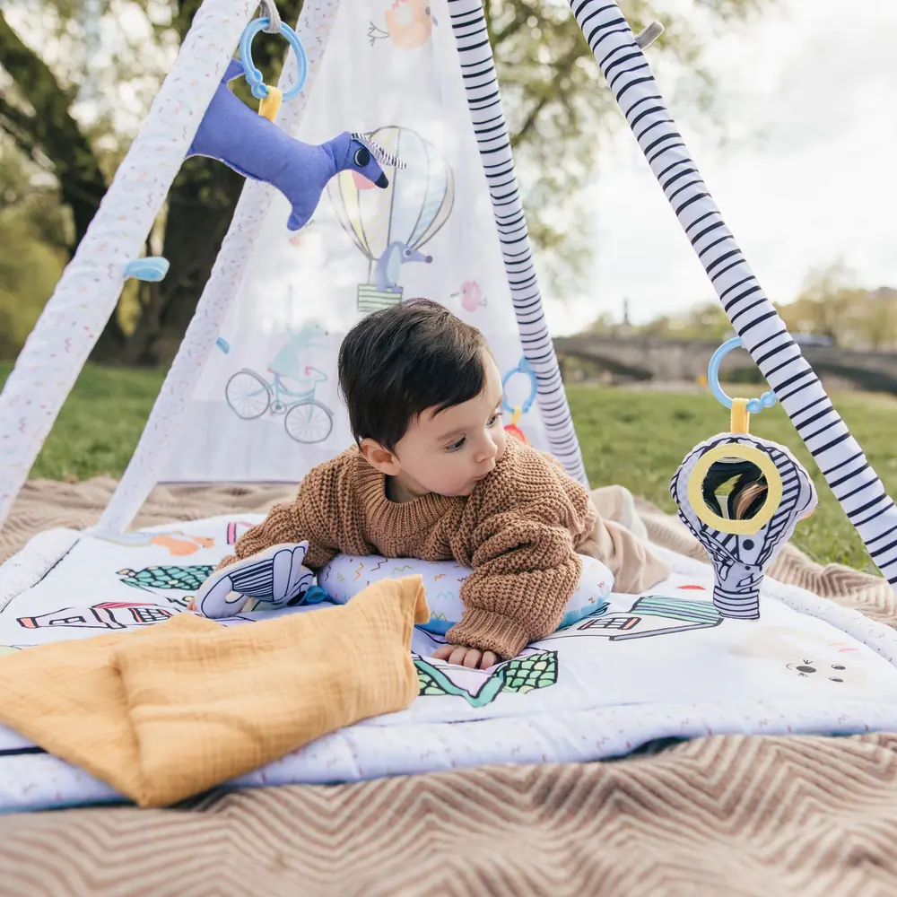 Ребенок играет на игровом коврике Hauck 1st Tent на улице