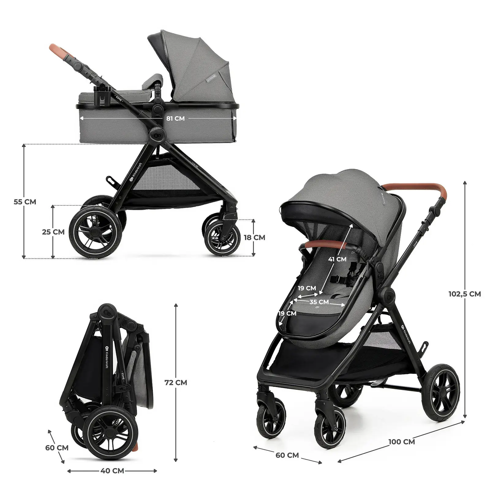 Kinderkraft Esme Pro - универсальная коляска 3 в 1 для путешествий, большие колеса, автокресло Mink Pro 2 i-Size • Gray (KSESME00GRY300N)