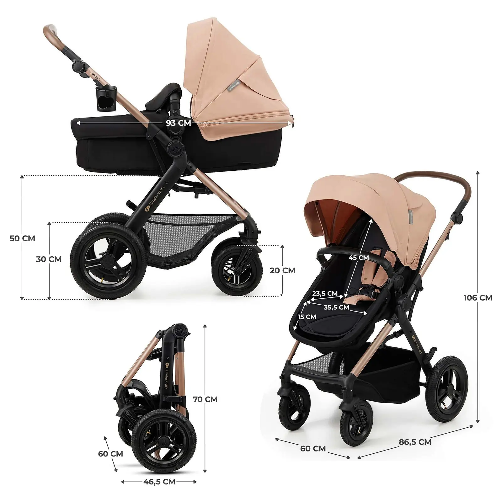 Kinderkraft Moov 2 Air - универсальная коляска 3 в 1 для путешествий, большие колеса, автокресло Mink Pro i-Size • Moonlight Grey (KSMOOV02GRY0000)
