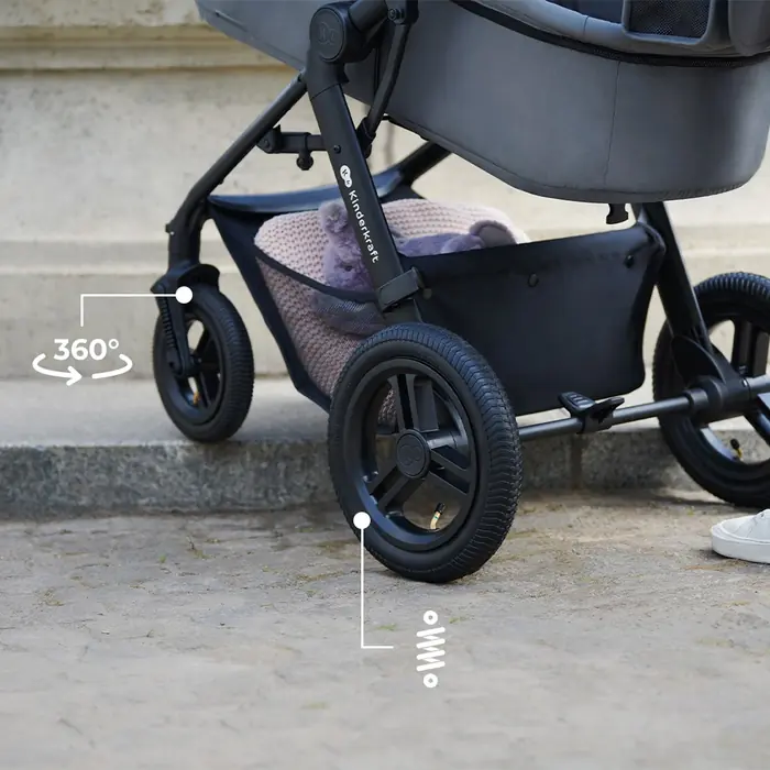 Большие надувные колеса с амортизацией, Kinderkraft Moov 2 Air - универсальная коляска 3 в 1 для путешествий, большие колеса, автокресло Mink Pro i-Size • Moonlight Grey (KSMOOV02GRY0000)