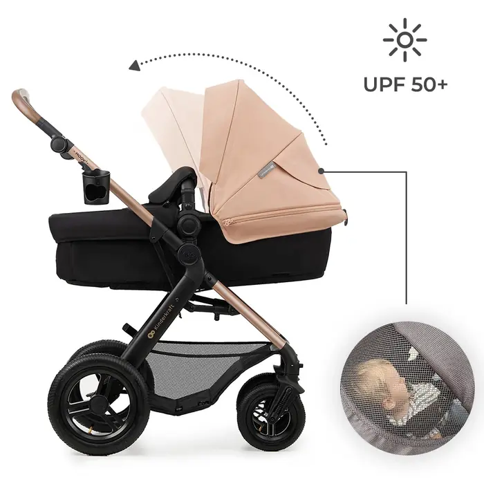 Большой раскладывающийся капюшон с фильтром UPF 50+, Kinderkraft Moov 2 Air - универсальная коляска 3 в 1 для путешествий, большие колеса, автокресло Mink Pro i-Size • Moonlight Grey (KSMOOV02GRY0000)