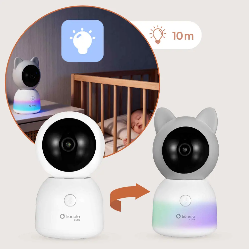 Камера з увімкненим кольоровим нічником біля ліжечка - Lionelo Babyline 9.2 AI