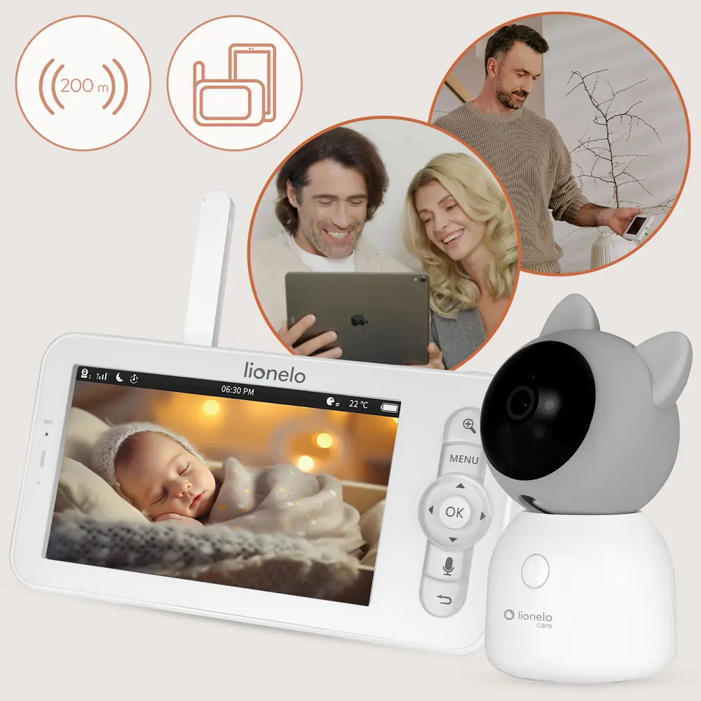 Монітор, камера й родина, що дивиться трансляцію на планшеті - Lionelo Babyline 9.2 AI
