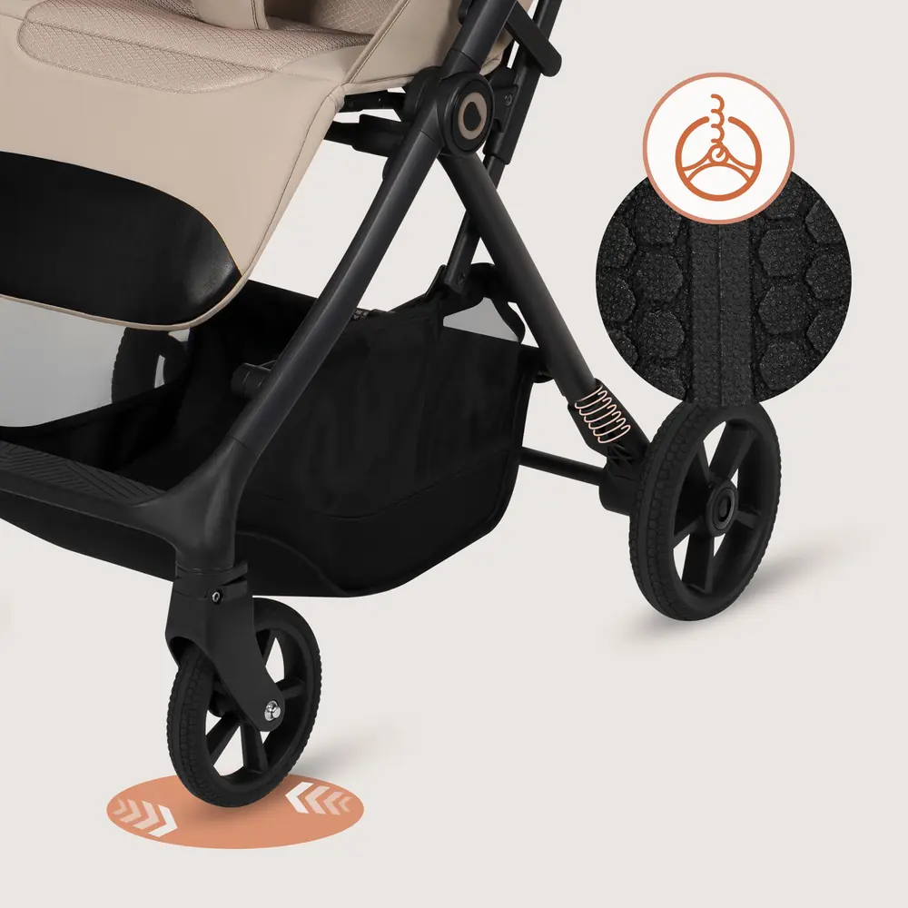 Колеса GravelTech с амортизацией, Lionelo Tansi - прогулочная коляска с автоматическим складыванием, коляска с большими колесами • Beige Taupe