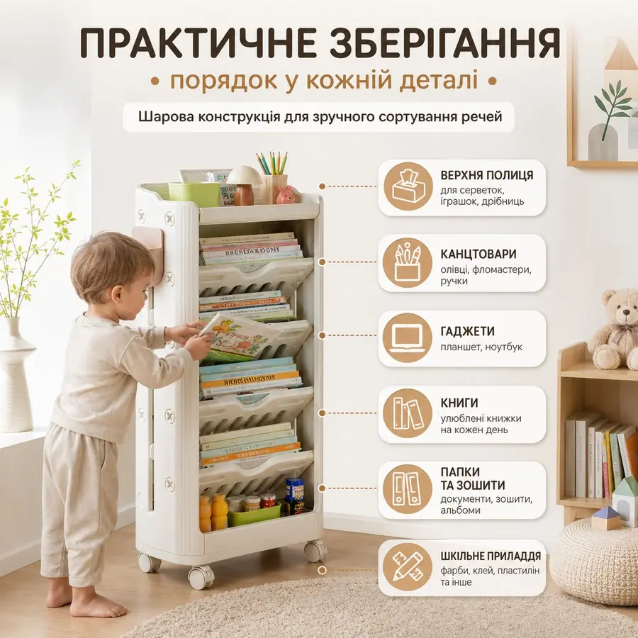 Практичне зберігання, Kivibaby Пересувний книжковий стелаж Монтессорі