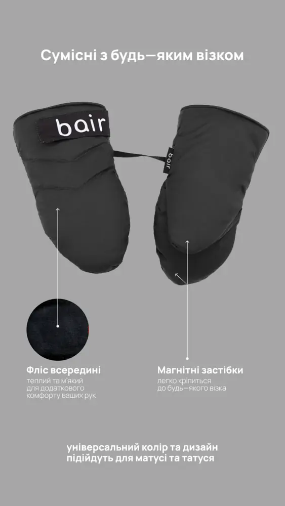 Фліс і магнітні застібки, Bair Thermo Mittens - утеплені рукавиці на коляску (до -25 °C) • Black (625035)