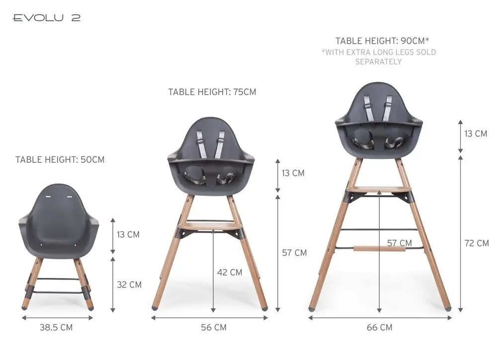 Схема высот стульчика для кормления Childhome Evolu 2 для столов 50, 75 и 90 см