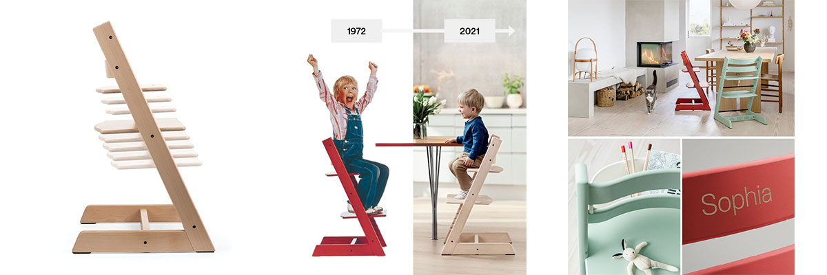 Stokke Tripp Trapp: стільчик у 1972 та 2021 роках, кольори стільчиків і персоналізація спинки