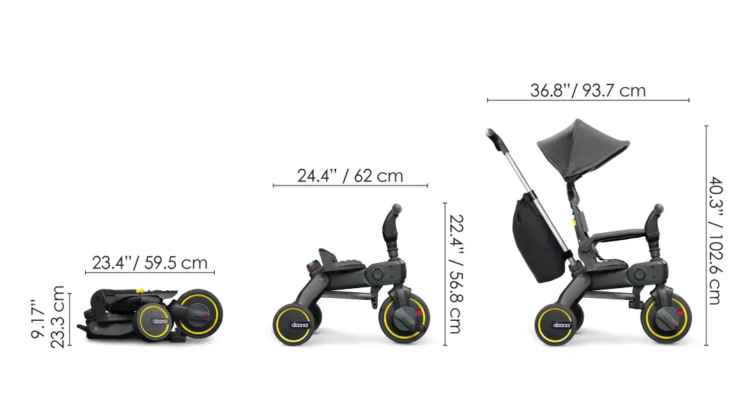 Размеры Doona Liki Trike S3 с родительской ручкой, без нее и в сложенном виде