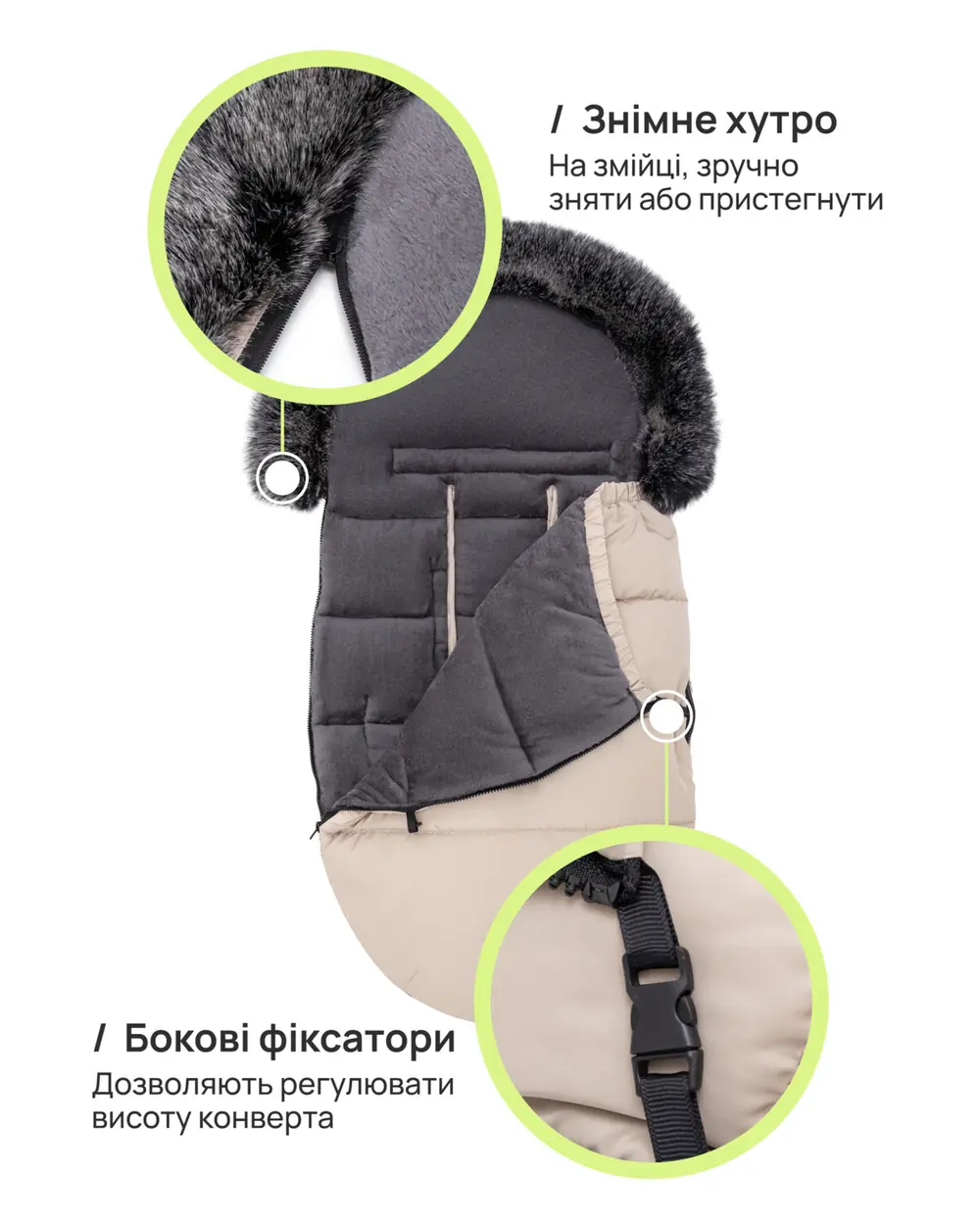 Съемный мех и боковые фиксаторы, Bair Polar U - зимний конверт (0-3 года, до -25 °C) • PU-03 Beige (682106)